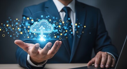 Cloud computing services businessman presenting cloud technology solutions and storage data