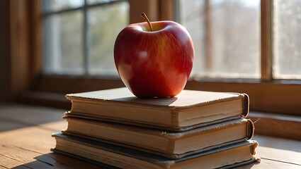 Glossy Red Apple on Vintage Textbooks with Morning Sunlight, Educational Scene with Autumn Vibes