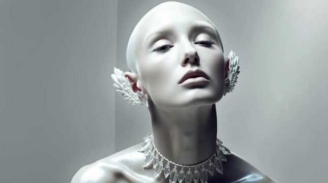 androgynous celestial portrait with radiant porcelain skin sculptural features futuristic jewelry soft rim light ethereal side profile minimal studio gradient background