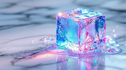 Glowing Rainbow Ice Cube Melting on Marble &ndash; Ultra-Realistic Macro Shot with Vivid Prism Colors&rdquo;
