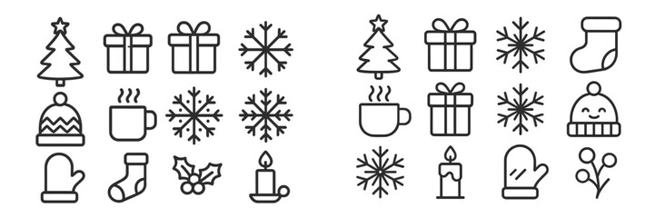 Holiday season-themed illustrations of winter symbols and gifts arranged in a grid format