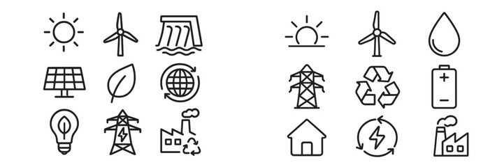 Icons representing renewable energy sources and sustainable practices in vector style illustration