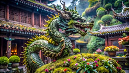 Fototapeta premium Ancient Chinese Village with Traditional Pagoda Roofs and Misty Mountains at Dawn