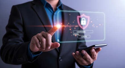 Cyber security concept businessman using smartphone for secure login protection system
