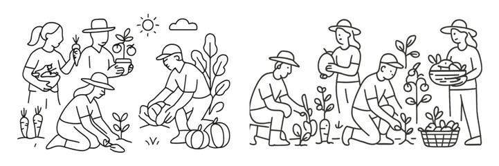 Farmers tending to crops and harvesting produce under a sunny sky in a community garden during spring