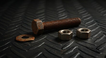 Rusty Bolt, Nuts, and Washer on Textured Metal Background