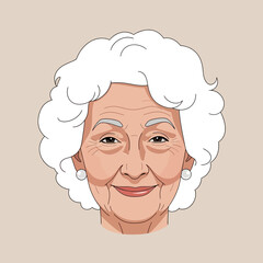 Cartoon portrait of a smiling elderly woman with voluminous white hair.
