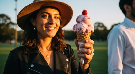 Woman enjoying strawberry ice cream cone in park