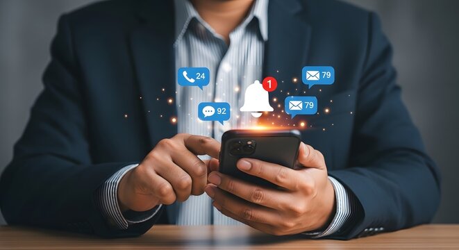 Man using smartphone with notification icons social media marketing digital communication