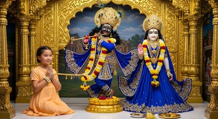 Krishna temple visit: little girl praying in front of krishna and radha deities in india