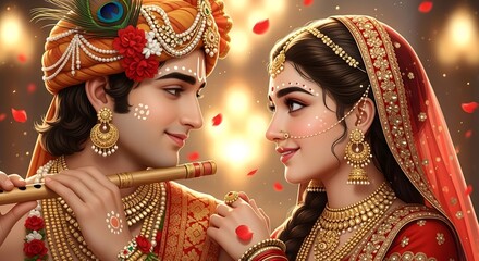 Lord krishna radha love story playing flute hindu god indian mythology devotional art
