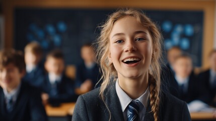 A young Caucasian girl with long blonde hair smiles in a classroom. She wears a school uniform. Other students are seated in the background, engaged in learning.