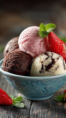 Chocolate, vanila, strawberry ice-cream scoop in a small beautiful bowl.