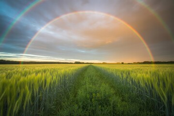 Naklejka premium Golden wheat field under double rainbow green yellow