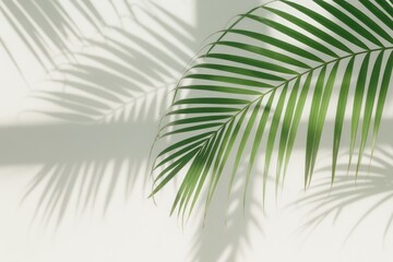 Green palm frond casting shadows on white wall light