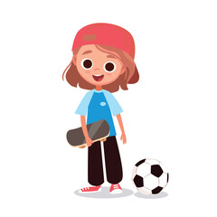 Isolated image of a little girl standing upright, holding a skateboard, with a ball lying nearby, wearing a backward baseball cap, a t-shirt, and sport trousers. Child is looking forward and smiling. 