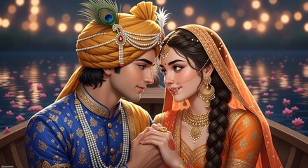 Radha krishna love story painting, hindu god and goddess, indian traditional art style