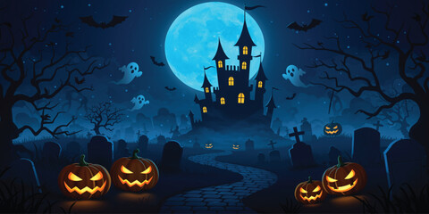 Spooky Halloween graveyard scene with castle and pumpkins