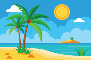 Obraz premium a bright flat illustration of a tropical beach with palm trees, a sunny sky, and a small distant island in the blue ocean vector illustration