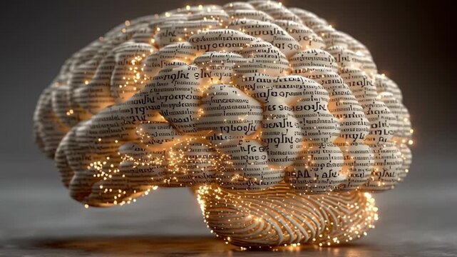 Human Brain Covered in Glowing Text &ndash; Conceptual AI and Knowledge Visualization