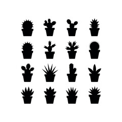 Collection of black silhouette potted cacti and succulents on white background cactus potted plant