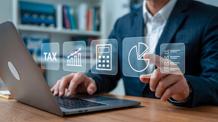 Professional using laptop for financial analysis and tax planning with modern interface and business intelligence