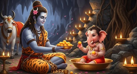 Shiva and baby ganesha hindu gods digital art illustration spiritual painting artwork 90