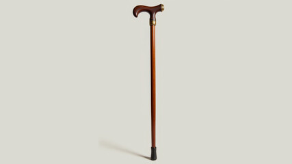 Walking cane with a curved handle standing upright on a neutral background