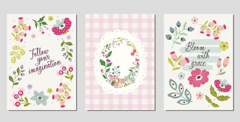 Premade poster flyer card design backgrounds with whimsical fantasy fairytale floral compositions for kids, party, children products.