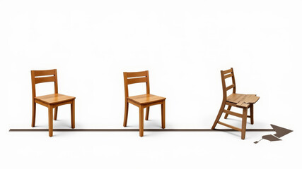 Three wooden chairs with broken legs on a plain white background