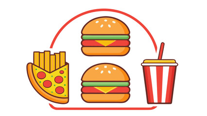 Flat design fast food meal with burgers fries and drink