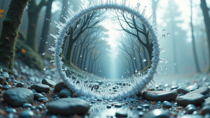 Winter tunnel scene with frosted trees and a mystical icy atmosphere