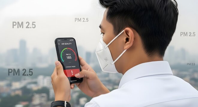 Air quality monitoring app on smartphone with man wearing face mask for pm pollution