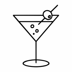 Cocktail Glass. Martini glass with olive skewer and bubbles. No color, just outline