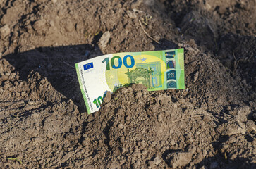 100 euro banknote on surface of black soil. Concept of business, savings, growth, investment.