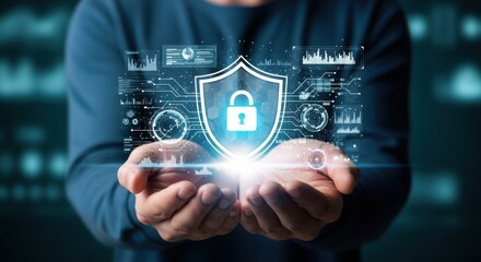A person holding a digital shield with a padlock, representing cybersecurity and data protection