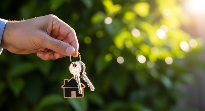 Buying a house concept: keys and house shaped keychain in hand, real estate agent deal