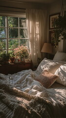 Sunday morning cozy bedroom, natural sunlight filtering through the window by the bed.