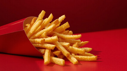 Crispy golden French fries spilling from a red container on a vibrant backdrop