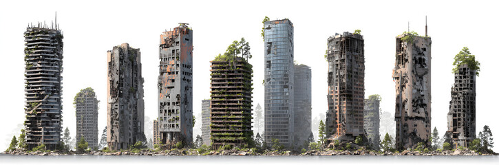Set of ruined skyscrapers isolated on transparent background - Generative AI