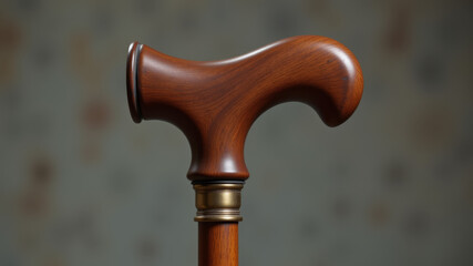Antique walking cane handle made of aged wood and brass