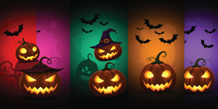 Spooky Halloween Jack-o'-Lanterns on Colorful Backgrounds