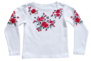 Cute children's long-sleeved top with an embroidered floral pattern on a white background, png, transparent