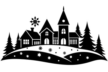 Obraz premium Winter village silhouette vector with cabins and snowy trees