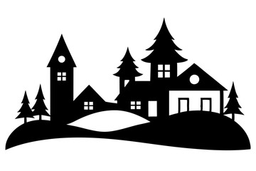 Obraz premium Rustic winter village vector silhouette with snow-covered roofs