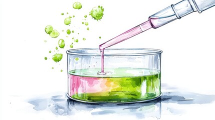 A close-up shot depicts a pipette dispensing pink liquid into a petri dish containing green liquid and virus particles; a laboratory setting is implied, representing scientific