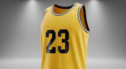 Bright yellow basketball jersey featuring number twenty-three against a gray backdrop.
