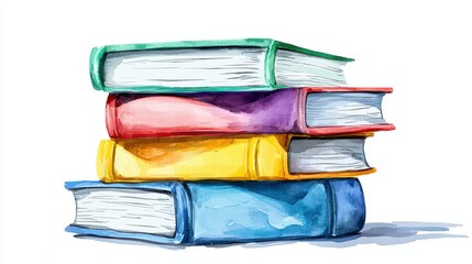 A vibrant watercolor illustration showcases a stack of four colorful books; each book displays a unique hue and texture, creating a visually appealing and artistic representation