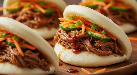 Delicious Pulled Pork Bao Buns with Fresh Vegetables on Wooden Plate
