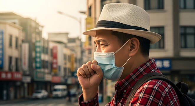 Man coughing wearing face mask in city street during pandemic respiratory illness travel